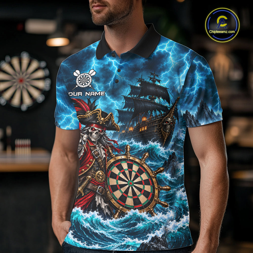 Personalized Pirate Skeleton Ship Darts Polo 1/4-Zip Shirt For Men Custom Name Darts Team Apparel NYN5042
