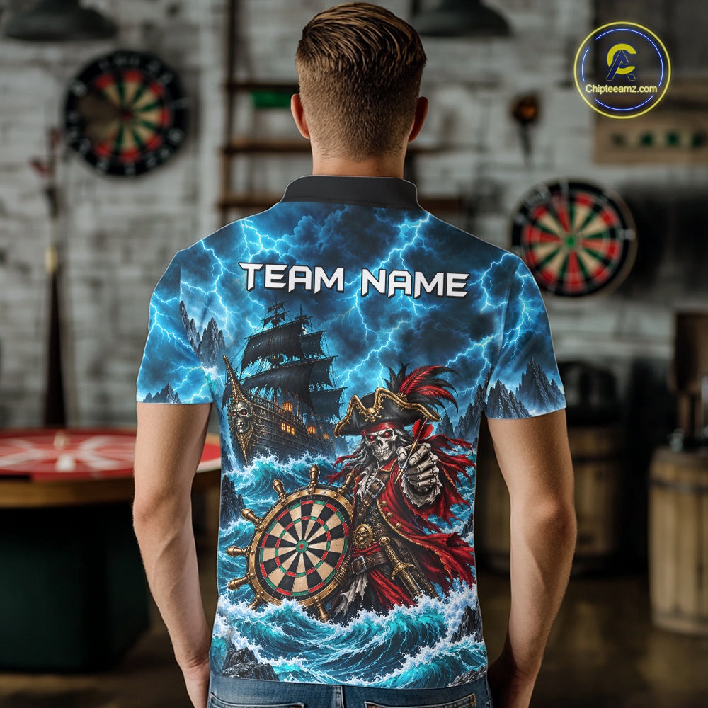 Personalized Pirate Skeleton Ship Darts Polo 1/4-Zip Shirt For Men Custom Name Darts Team Apparel NYN5042