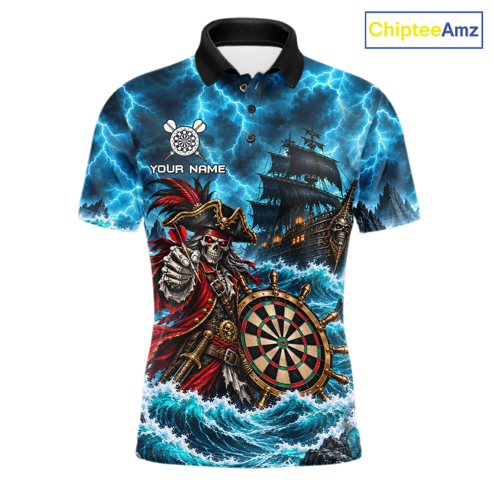 Personalized Pirate Skeleton Ship Darts Polo 1/4-Zip Shirt For Men Custom Name Darts Team Apparel NYN5042