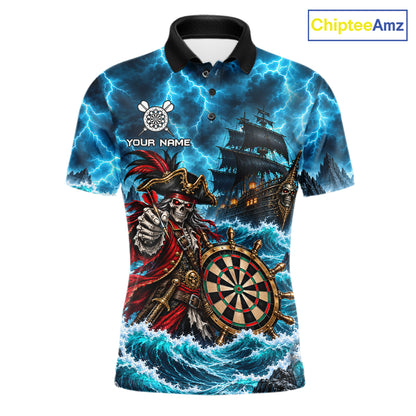Personalized Pirate Skeleton Ship Darts Polo 1/4-Zip Shirt For Men Custom Name Darts Team Apparel NYN5042