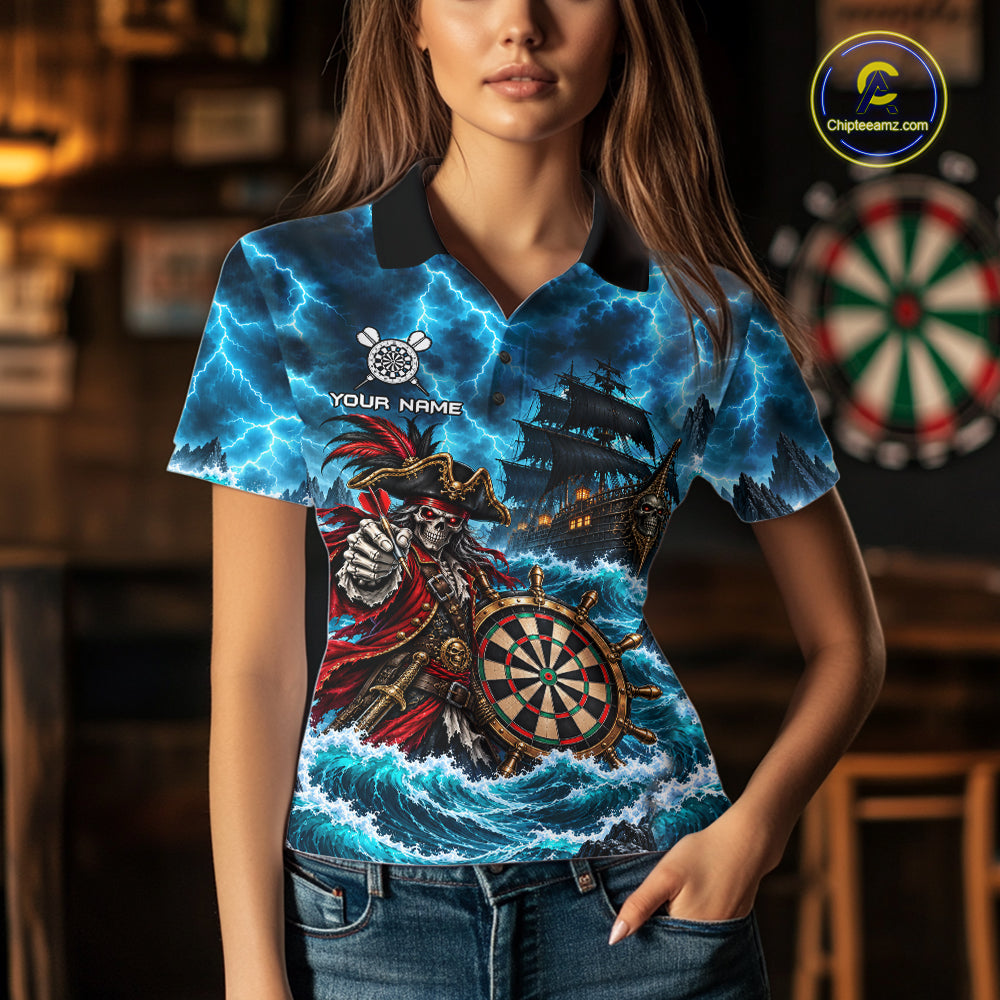 Personalized Pirate Skeleton Ship Darts Polo 1/4-Zip Shirt For Women Custom Name Darts Team Apparel NYN5042