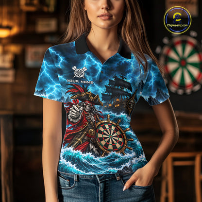 Personalized Pirate Skeleton Ship Darts Polo 1/4-Zip Shirt For Women Custom Name Darts Team Apparel NYN5042