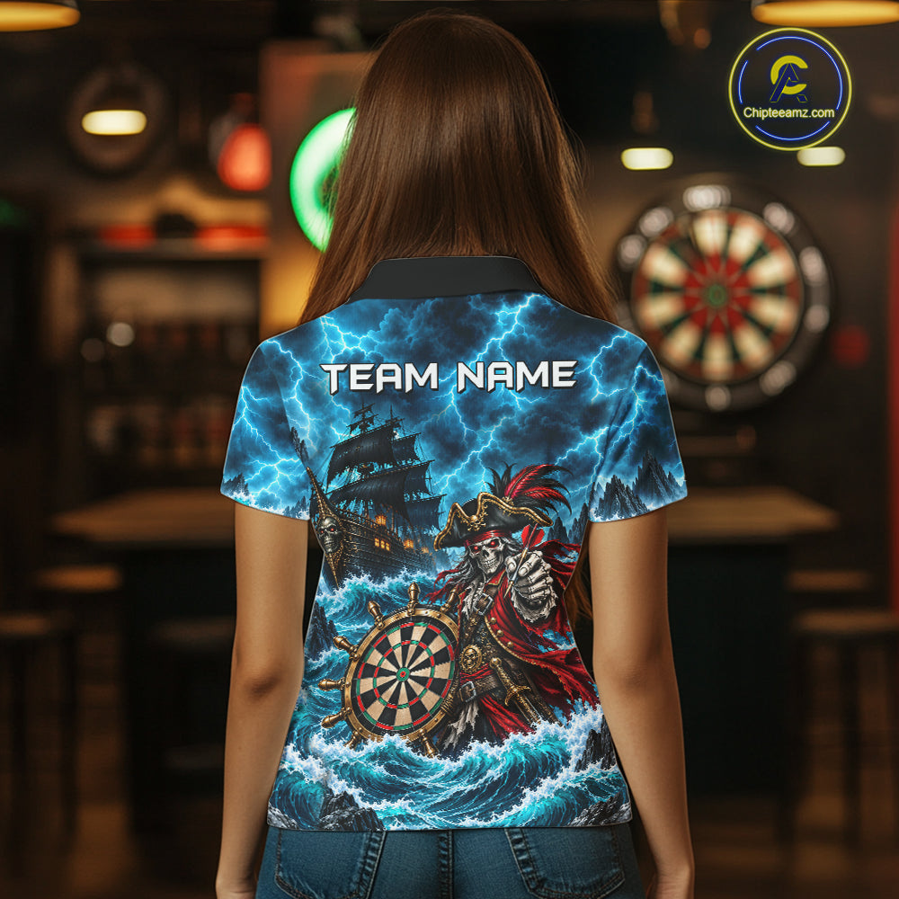 Personalized Pirate Skeleton Ship Darts Polo 1/4-Zip Shirt For Women Custom Name Darts Team Apparel NYN5042