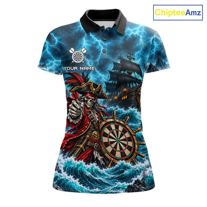 Personalized Pirate Skeleton Ship Darts Polo 1/4-Zip Shirt For Women Custom Name Darts Team Apparel NYN5042