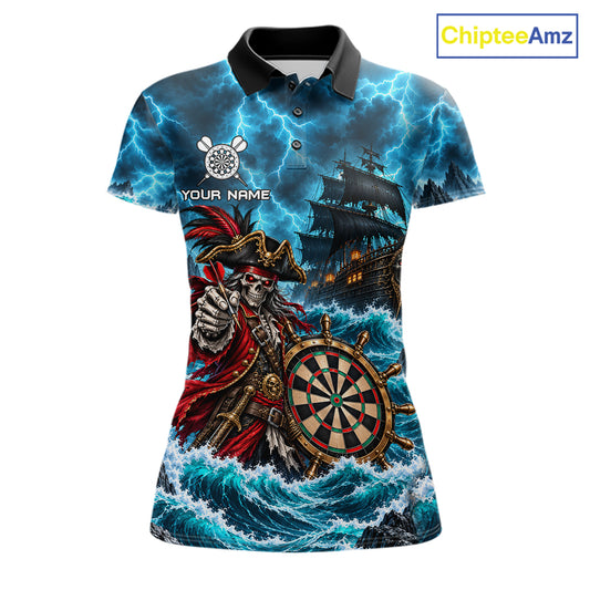 Personalized Pirate Skeleton Ship Darts Polo 1/4-Zip Shirt For Women Custom Name Darts Team Apparel NYN5042