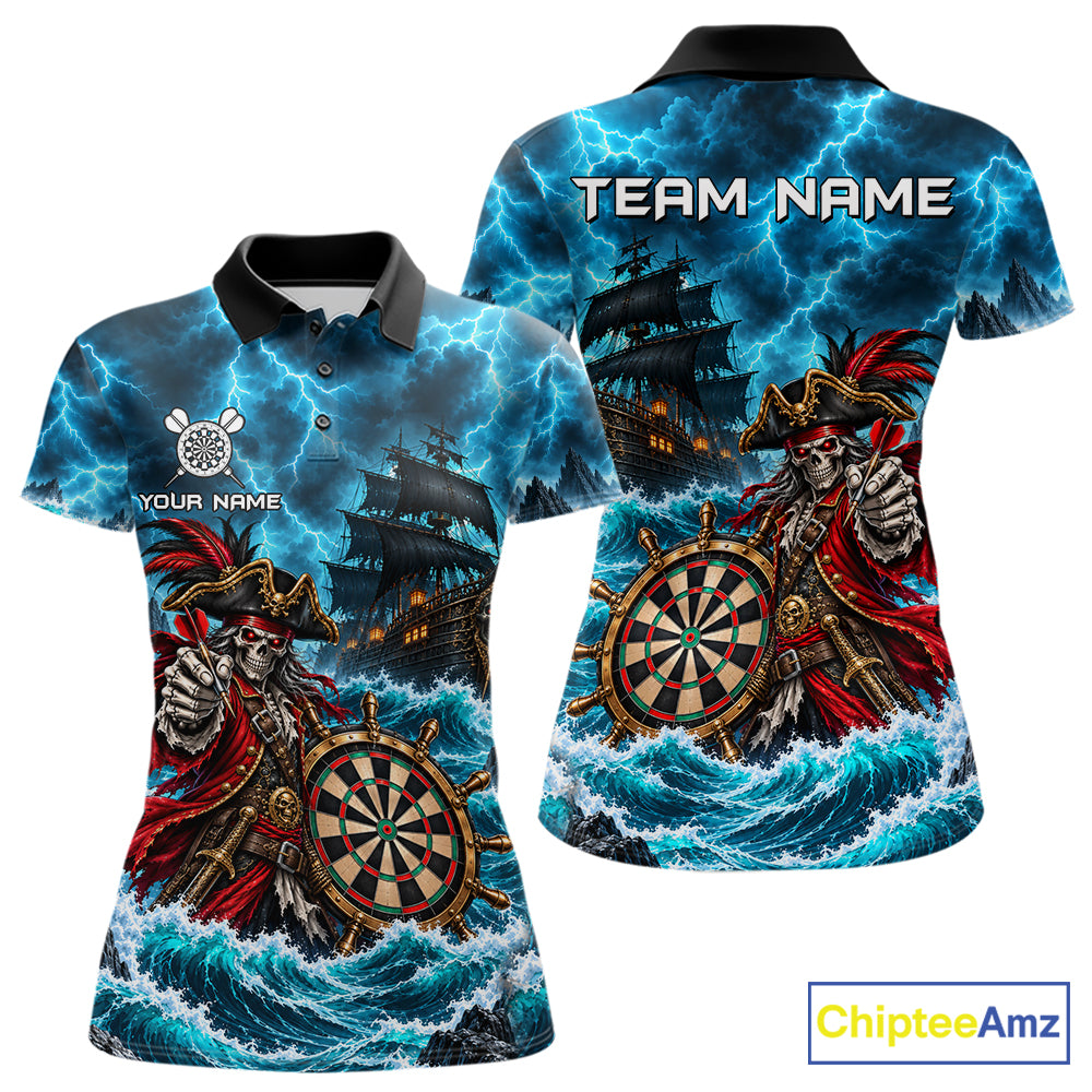 Personalized Pirate Skeleton Ship Darts Polo 1/4-Zip Shirt For Women Custom Name Darts Team Apparel NYN5042