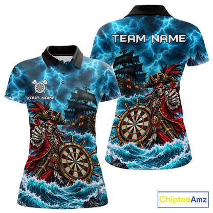 Personalized Pirate Skeleton Ship Darts Polo 1/4-Zip Shirt For Women Custom Name Darts Team Apparel NYN5042