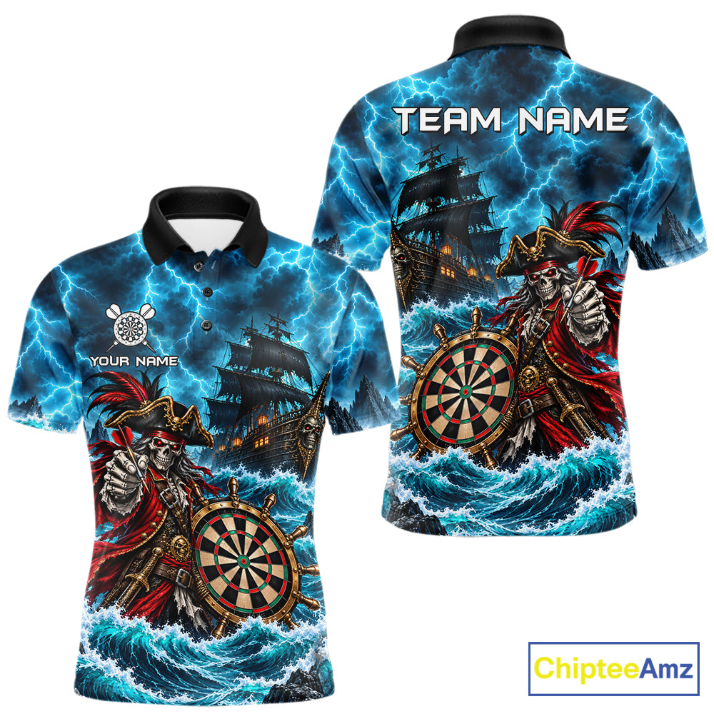 Personalized Pirate Skeleton Ship Darts Polo 1/4-Zip Shirt For Men Custom Name Darts Team Apparel NYN5042