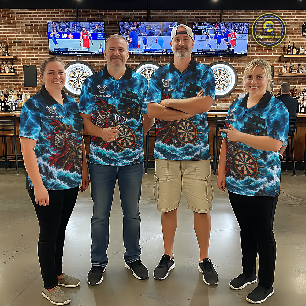 Personalized Pirate Skeleton Ship Darts Polo 1/4-Zip Shirt For Men Custom Name Darts Team Apparel NYN5042