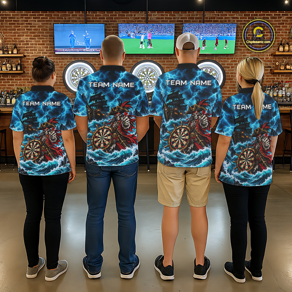 Personalized Pirate Skeleton Ship Darts Polo 1/4-Zip Shirt For Men Custom Name Darts Team Apparel NYN5042