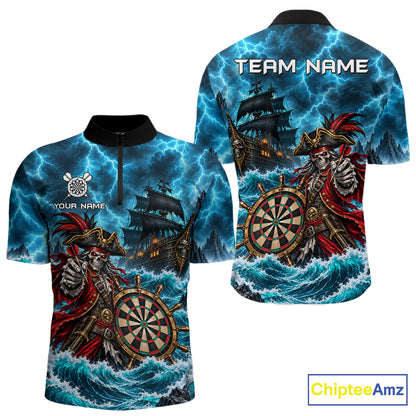 Personalized Pirate Skeleton Ship Darts Polo 1/4-Zip Shirt For Men Custom Name Darts Team Apparel NYN5042