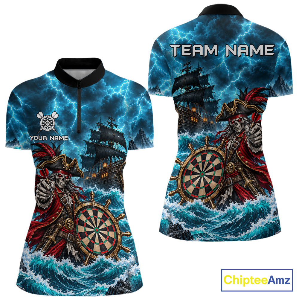 Personalized Pirate Skeleton Ship Darts Polo 1/4-Zip Shirt For Women Custom Name Darts Team Apparel NYN5042
