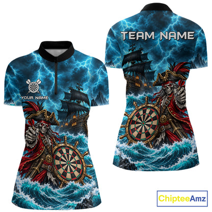 Personalized Pirate Skeleton Ship Darts Polo 1/4-Zip Shirt For Women Custom Name Darts Team Apparel NYN5042