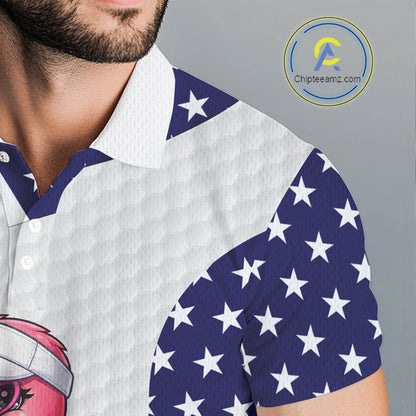 Flamingo Custom Name White American Flag Patriotic Golf Mens Polo Shirt, Flamingo Golf Clothing For Mens NYN2960