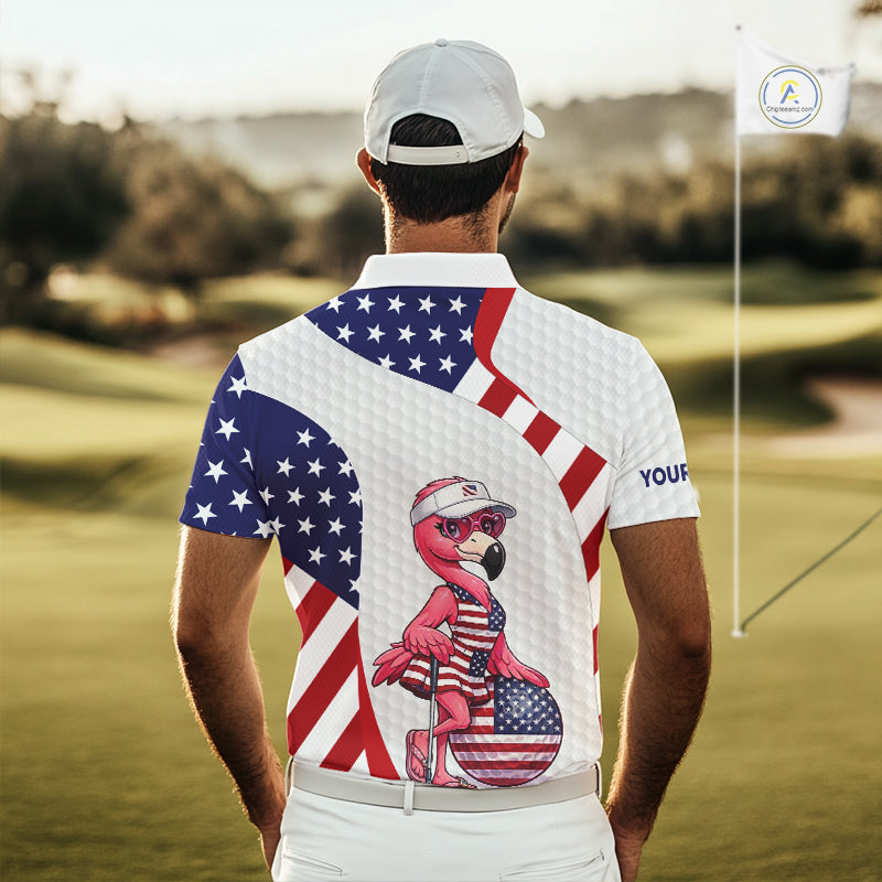 Flamingo Custom Name White American Flag Patriotic Golf Mens Polo Shirt, Flamingo Golf Clothing For Mens NYN2960