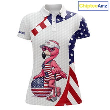 Load image into Gallery viewer, Flamingo Custom Name White American Flag Patriotic Golf Womens Polo Shirt, Flamingo Golf Clothing For Womens NYN2960