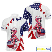 Load image into Gallery viewer, Flamingo Custom Name White American Flag Patriotic Golf Mens Polo Shirt, Flamingo Golf Clothing For Mens NYN2960