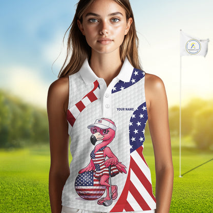 Flamingo Custom Name White American Flag Patriotic Golf Womens Sleeveless Polo Shirt, Flamingo Golf Clothing For Womens NYN2960