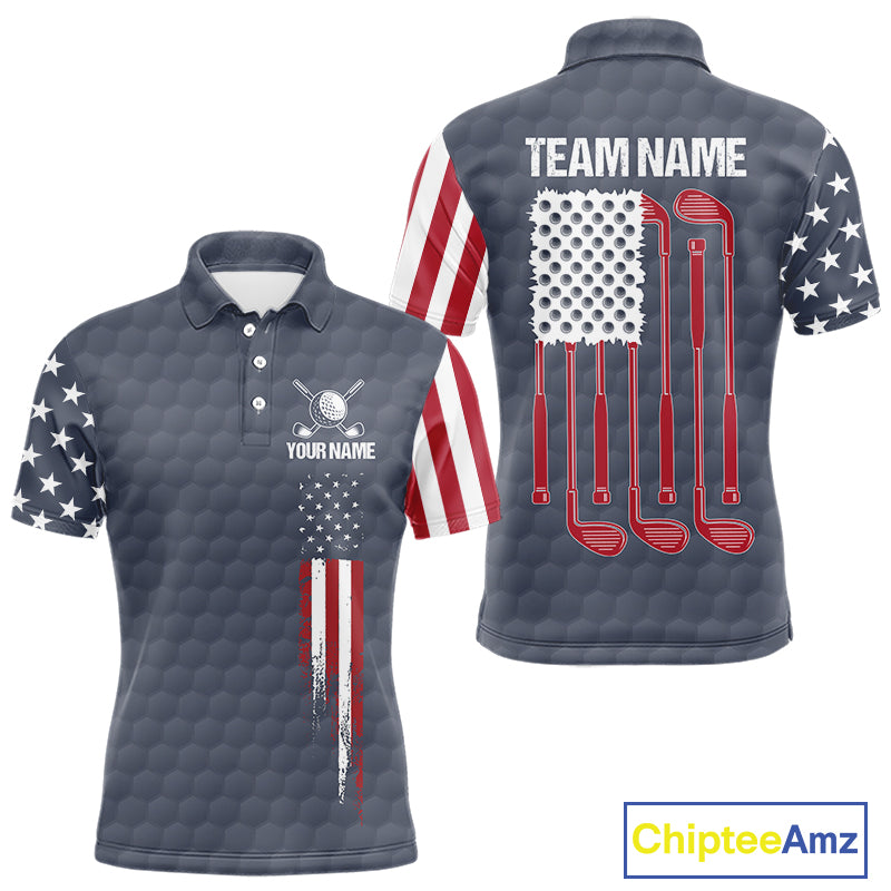 Men's golf polo shirt featuring grey golf ball pattern and patriotic American flag design, personalized performance golf apparel for men's golf teams, tournaments, country clubs, Father's Day gifts, symbolizing freedom, unity and American pride.