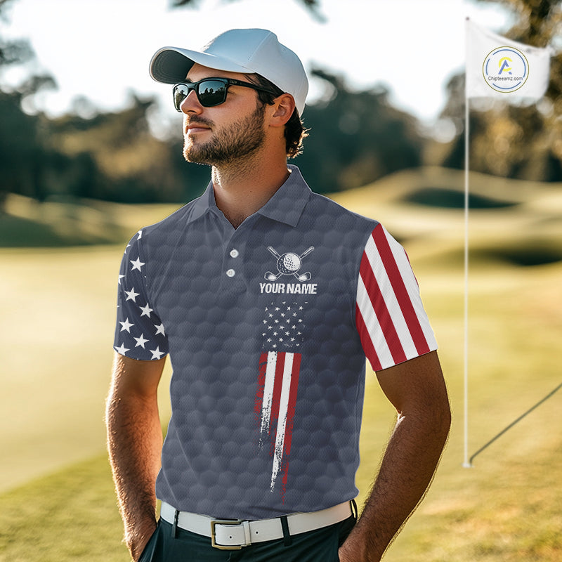 Male golfer wearing personalized American flag golf polo with grey golf ball design during tournament, ideal for patriotic golfers, veterans, golf clubs, Father's Day gifts and USA team spirit.
