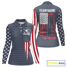 Load image into Gallery viewer, Women's golf polo with grey golf ball graphics and American flag design, custom golf team shirt for league play, country club, patriotic golfers, moisture-wicking performance apparel representing American pride and unity.