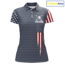 Load image into Gallery viewer, Women's golf polo with grey golf ball graphics and American flag design, custom golf team shirt for league play, country club, patriotic golfers, moisture-wicking performance apparel representing American pride and unity.