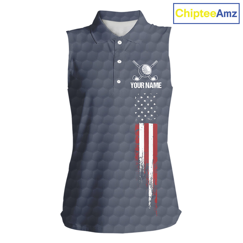 Women's sleeveless golf polo featuring grey golf ball pattern and American flag patriotic artwork, personalized performance golf apparel for USA golf teams, tournaments, Memorial Day, Independence Day, symbolizing freedom and national pride