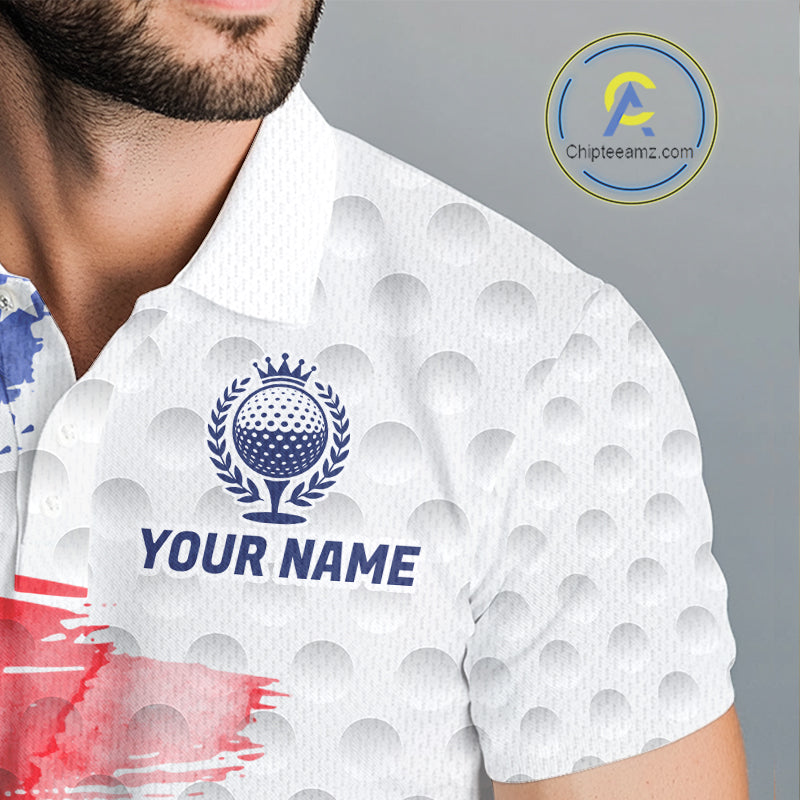 Male golfer wearing splash painting American flag golf polo during championship round, modern golf apparel for patriotic athletes, golf teams and tournament champions.