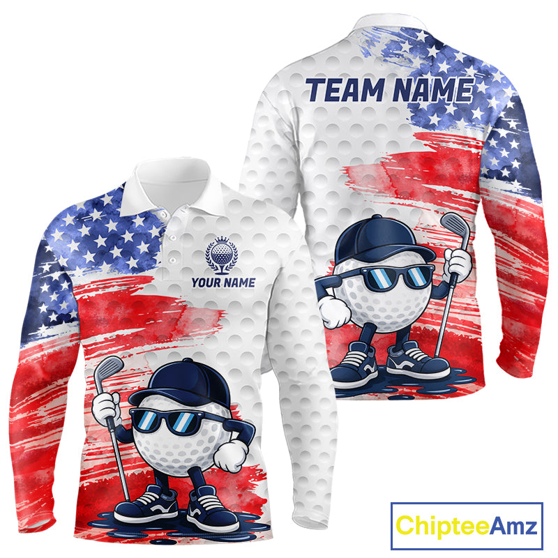 Men's golf polo featuring colorful splash painting golf ball graphics with American flag artwork, custom performance golf shirt for men's golf tournaments, league play and patriotic golfers, representing creativity, energy and USA spirit.