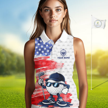Female golfer wearing artistic patriotic golf polo featuring colorful splash golf ball artwork, perfect for women's golf leagues, charity tournaments and Independence Day celebrations.