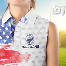 Load image into Gallery viewer, Female golfer wearing artistic patriotic golf polo featuring colorful splash golf ball artwork, perfect for women's golf leagues, charity tournaments and Independence Day celebrations.