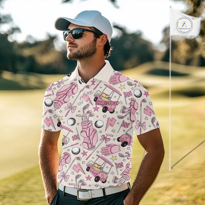 Male golfer wearing personalized pink golf club polo supporting charity golf tournaments, Father's Day golf gifts, team events and golf lifestyle.