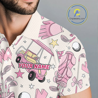 Male golfer wearing personalized pink golf club polo supporting charity golf tournaments, Father's Day golf gifts, team events and golf lifestyle.