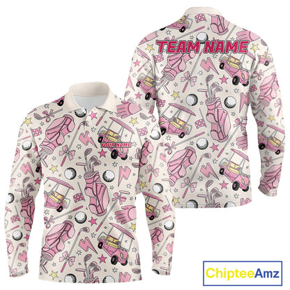 Men's personalized golf polo featuring pink golf ball and golf clubs design, lightweight performance golf apparel for golf teams, charity tournaments, Father's Day gifts and golf vacations, symbolizing confidence, teamwork and golf lifestyle.