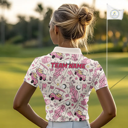 Female golfer wearing custom pink golf polo with golf clubs, stylish ladies golf apparel for tournaments, golf resorts and golf club events, representing confidence and friendship.