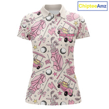 Load image into Gallery viewer, Women's golf polo with elegant pink golf club graphics, custom performance golf shirt for ladies golf leagues, Mother's Day gifts, golf outings and team uniforms.