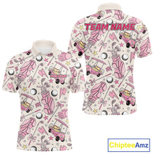 Load image into Gallery viewer, Men's personalized golf polo featuring pink golf ball and golf clubs design, lightweight performance golf apparel for golf teams, charity tournaments, Father's Day gifts and golf vacations, symbolizing confidence, teamwork and golf lifestyle.