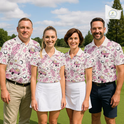 Personalized golf team wearing matching pink golf polos with golf club artwork, ideal for ladies golf associations, charity golf events and breast cancer awareness tournaments.