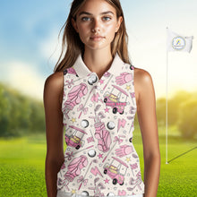 Load image into Gallery viewer, Female golfer wearing custom pink golf polo with golf clubs, stylish ladies golf apparel for tournaments, golf resorts and golf club events, representing confidence and friendship.