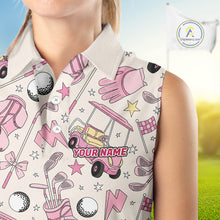 Load image into Gallery viewer, Female golfer wearing custom pink golf polo with golf clubs, stylish ladies golf apparel for tournaments, golf resorts and golf club events, representing confidence and friendship.