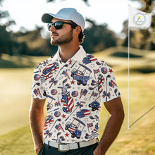 Load image into Gallery viewer, Male golfer wearing American flag golf polo with pink golf clubs during patriotic golf tournament, symbolizing freedom, brotherhood and golf tradition.
