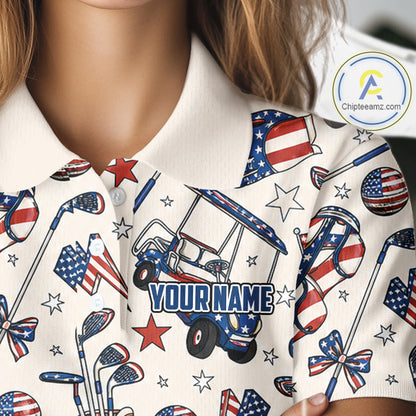 Female golfer wearing personalized patriotic golf polo for Fourth of July golf outing, ladies golf league and USA golf competitions.