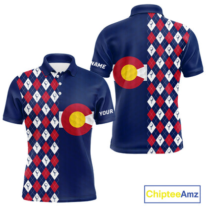 Men's golf polo featuring Colorado flag with classic golf ball argyle pattern, personalized golf apparel for mountain golf courses, golf vacations, outdoor enthusiasts and Colorado state pride, symbolizing adventure and heritage.