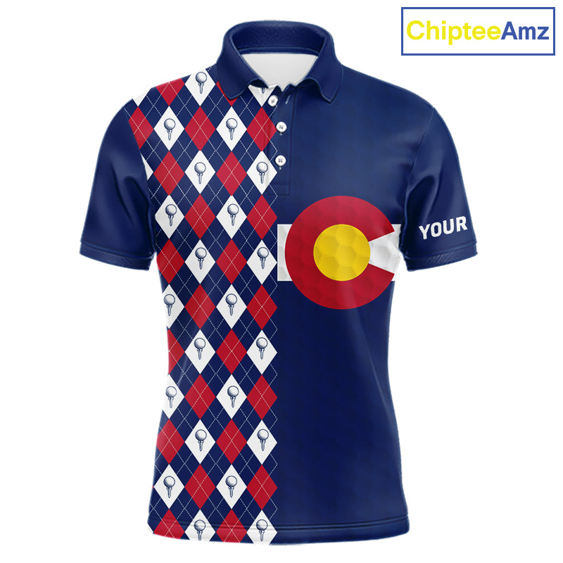 Men's golf polo featuring Colorado flag with classic golf ball argyle pattern, personalized golf apparel for mountain golf courses, golf vacations, outdoor enthusiasts and Colorado state pride, symbolizing adventure and heritage.