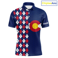 Load image into Gallery viewer, Men's golf polo featuring Colorado flag with classic golf ball argyle pattern, personalized golf apparel for mountain golf courses, golf vacations, outdoor enthusiasts and Colorado state pride, symbolizing adventure and heritage.