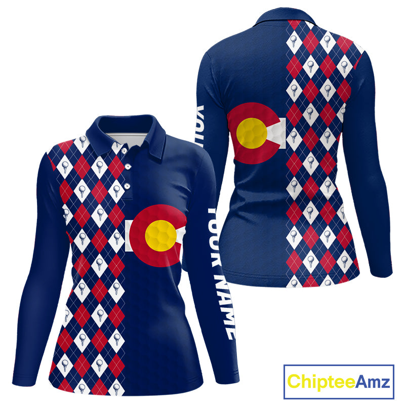 Women's Colorado golf polo with golf ball argyle graphics, performance golf shirt for golf clubs, mountain resorts and outdoor enthusiasts.