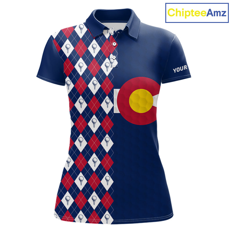 Women's Colorado golf polo with golf ball argyle graphics, performance golf shirt for golf clubs, mountain resorts and outdoor enthusiasts.