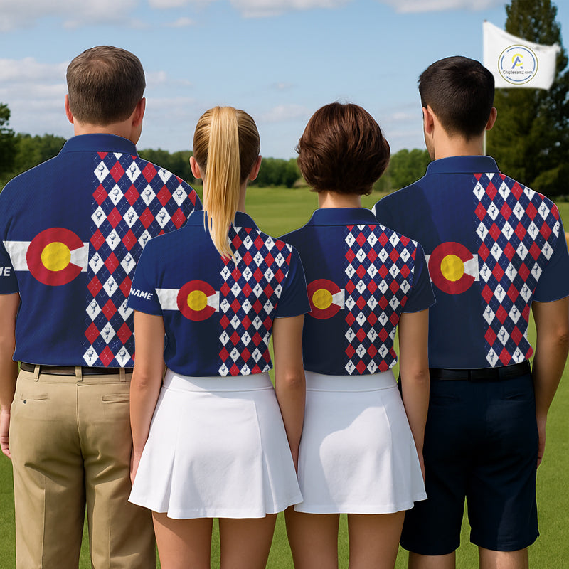Golf team wearing matching Colorado golf polos with argyle golf ball pattern, representing teamwork, outdoor adventure and Colorado heritage.
