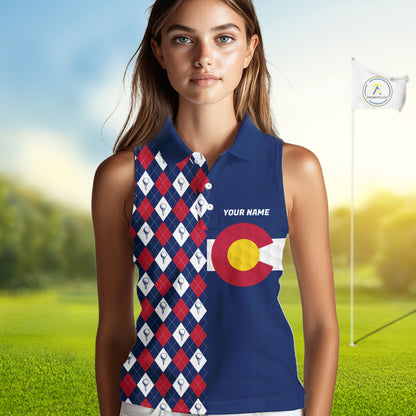 Female golfer wearing Colorado patriotic golf polo at country club, stylish golf apparel for tournaments and mountain golf trips.