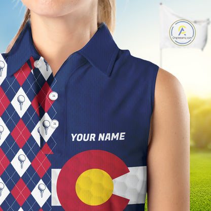 Female golfer wearing Colorado patriotic golf polo at country club, stylish golf apparel for tournaments and mountain golf trips.
